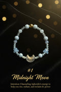 Midnight Moon Bracelet with frosted crescent moon centerpiece and blue chalcedony beads on a shell