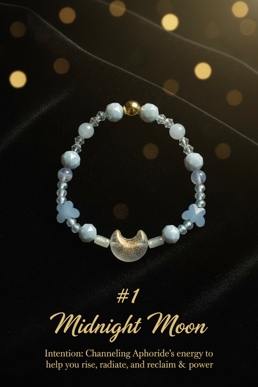 Midnight Moon Bracelet with frosted crescent moon centerpiece and blue chalcedony beads on a shell